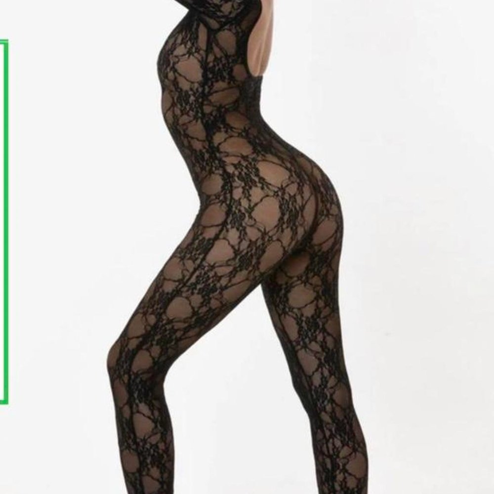 LOS ANGELES APPAREL (FKA AMERICAN APPAREL) FLORAL LACE LONG SLEEVE SCOOP UNITARD